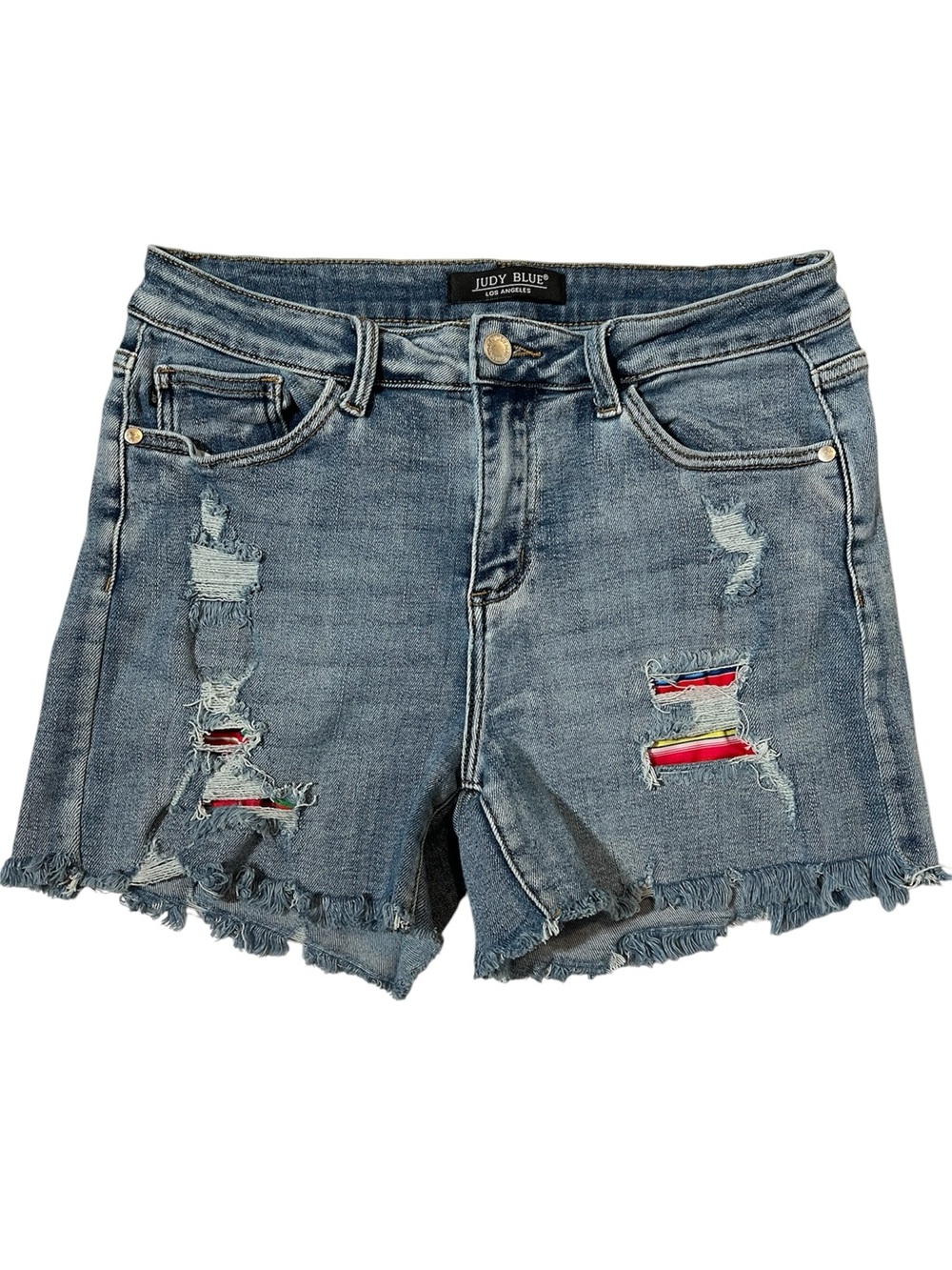 Judy Blue Jean Shorts Women Sz L Distressed Patched Cut Off Stretchy JB150091